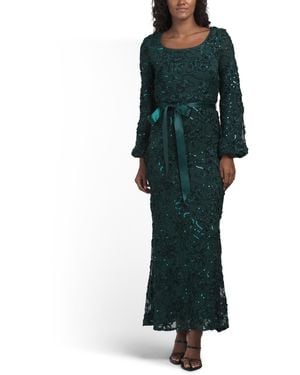 TJ Maxx Long Sleeve Embroidered Lace Gown For Spandex/Polyester - Green
