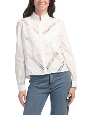 TJ Maxx Ruffled Mock Neck Long Sleeve Button Down Top With Embroidered Lace For Cotton - White
