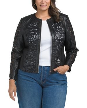 TJ Maxx Plus Faux Leather Embroidered Jacket, Polyester/Leather - Black