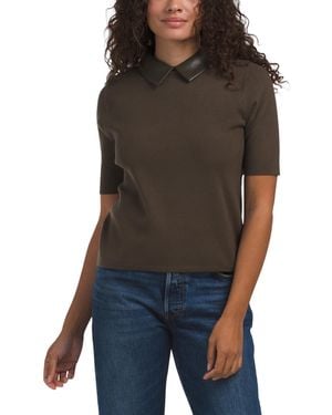 TJ Maxx Faux Leather Collar Twofer Short Sleeve Pullover Sweater, Nylon/Polyester/Leather - Black