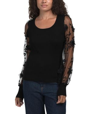TJ Maxx Scoop Neck Ribbed Pullover Top With 3D Floral Mesh Sleeves For Nylon/Polyester/Rayon - Black