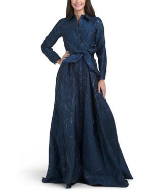 TJ Maxx Three-Quarter Sleeve Jacquard Shirt Gown With Belt For Polyester - Blue