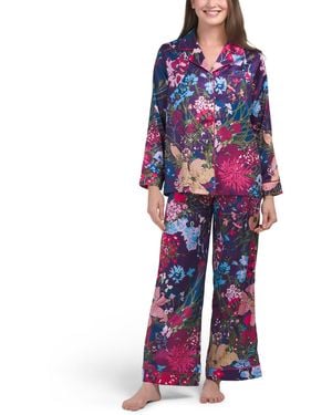 TJ Maxx 2Pc Satin Floral Notch Collar Pajama Top And Pants Set For Spandex/Polyester - Red