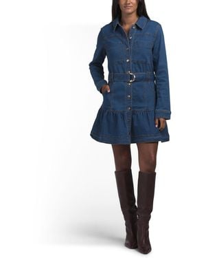 TJ Maxx Long Sleeve Denim Button Up Mini Dress With Self Belt For Spandex/Cotton/Polyester - Blue