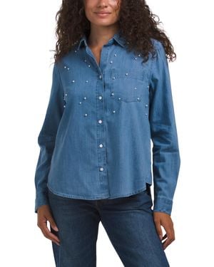 TJ Maxx Embellished Long Sleeve Button Down Shirt For Cotton - Blue