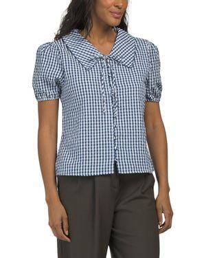 TJ Maxx Gingham Short Puff Sleeve Top With Collar And Tie Detail For Cotton/Polyester - Blue