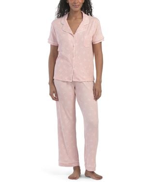 TJ Maxx 2Pc Bow Print Short Sleeve Notch Collar Pajamas Set For Spandex/Polyester - Pink