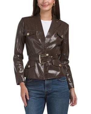 TJ Maxx Faux Leather 4 Pocket Jacket With Belt, Polyester/Leather - Black