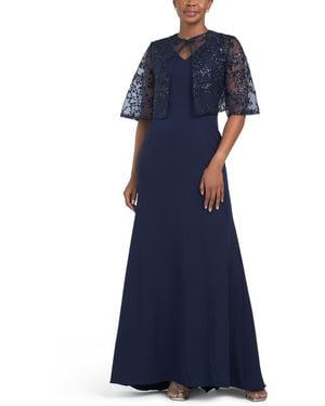 TJ Maxx Embroidered Sequin Cape Gown For Polyester - Blue