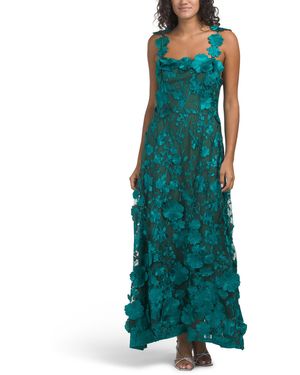 TJ Maxx Sleeveless 3D Floral Gown For Spandex/Polyester - Green