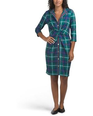 TJ Maxx Three-Quarter Sleeve Plaid Mini Shirt Dress For Spandex/Polyester - Blue
