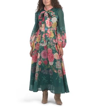 TJ Maxx Balloon Sleeve Tie Neck Floral Maxi Dress For Spandex/Polyester - Green