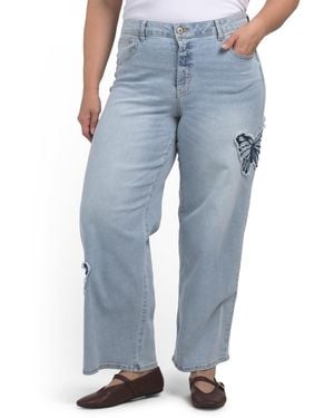 TJ Maxx Plus Mid Rise Wide Leg Jeans With Butterfly Embroidery For Spandex/Cotton/Polyester - Blue