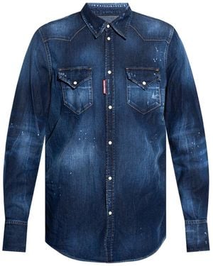 DSquared² Distressed Denim Shirt With Classic Collar - Blue