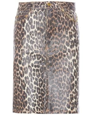 Ganni Foil Print Denim Leopard Skirt - Gray