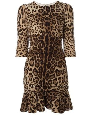 Dolce & Gabbana Silk Leopard Ruched Dress - Brown