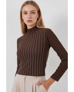 Bigdart Striped Half Turtleneck Long Sleeve Top With Stone Detail - Brown
