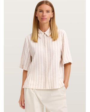 Bugatti Damen Blouse Met Korte Mouwen, Gestreept, Met Overhemdkraag - Naturel