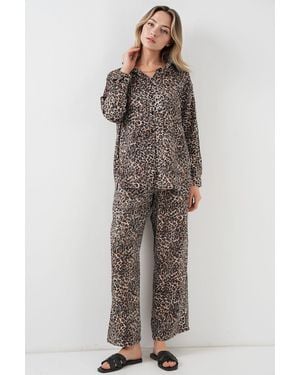 Bigdart Leopard Print Button-Up Shirt And Wide Leg Trousers Satin Two-Piece Set - Grey