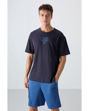 TOMMY LIFE Oversized Printed Logo Crew Neck T-Shirt - Blue