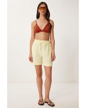 Happiness İstanbul High Waist Drawstring Mini Shorts With Binding Detail - Natural