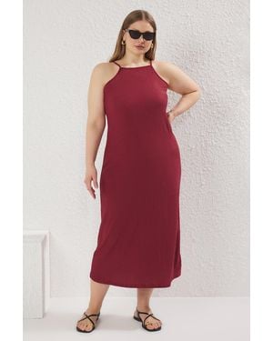 Trendyol Bordeaux Effen Maxi Mouwloos Casual A-Lijn Grote Maten Jurk - Rood