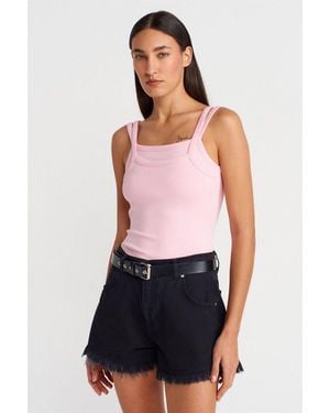 Dilvin Ribbed Sleeveless Square-Neck Blouse - White
