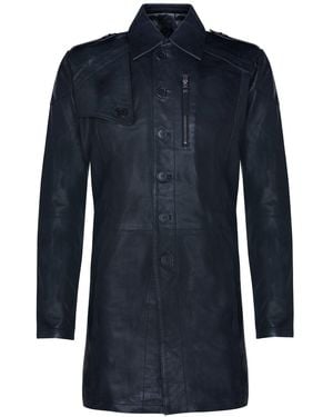 Infinity Leather Soft Long Military Trench Distressed Coat - Blue