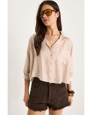 Bianco Lucci Gestreept Crop Shirt Met Textuur, Knoopsluiting En Pocket - Naturel