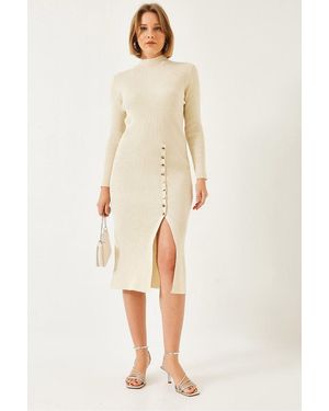 Bianco Lucci Ribbed Textured Turtleneck Midi Knitted Dress - Natural