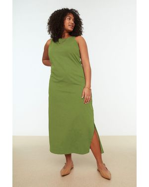 Trendyol Effen Maxi Mouwloos Casual Recht Grote Maten Jurk - Groen