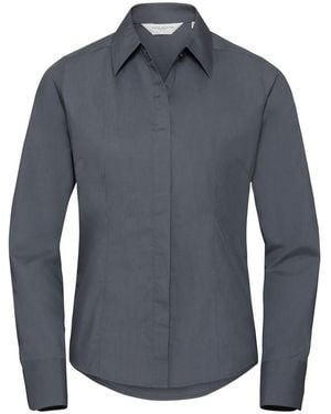 Russell Collection Ladies/ Long Sleeve Poly-Cotton Easy Care Fitted Poplin Shirt (Convoy) - Blue