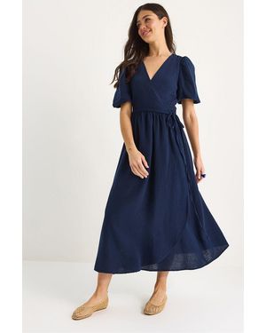 Bianco Lucci Textured V-Neck Midi Dress With Wrap Closure - Blue
