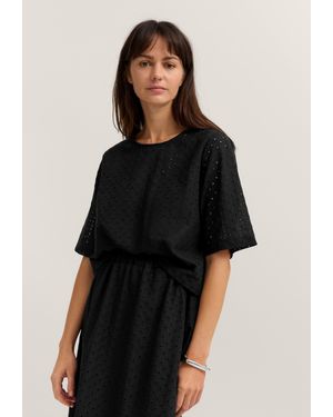 Bugatti Damen Blouse Met Korte Mouwen, Modern Model Met Gaatjespatroon - Zwart