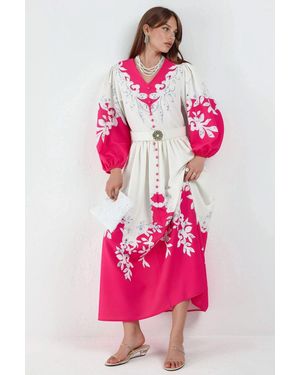 Msn-Collection Floral Maxi Dress With V-Neck And Button Detail - Pink