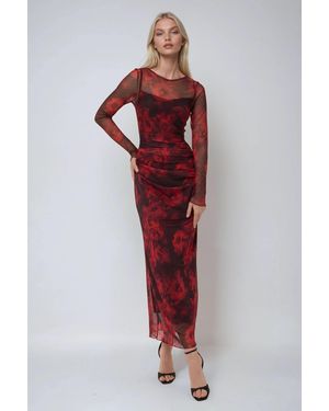 Hiccup Floral Print Bodycon Maxi Mesh Dress - Red