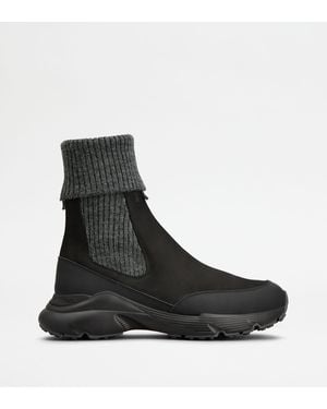 Tod's Bottine Chelsea En Nubuck Et Maille - Noir