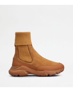 Tod's Bottine Chelsea En Nubuck Et Maille - Marron