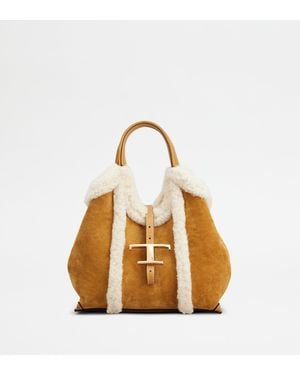 Tod's Shopper T Timeless Aus Veloursleder Mini, Weiss,Braun - Mettallic