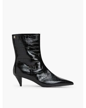 Tommy Hilfiger Croco Leather Heeled Ankle Boots - Black