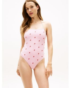 Tommy Hilfiger Seersucker Logo Embroidery Halterneck Swimsuit - Pink
