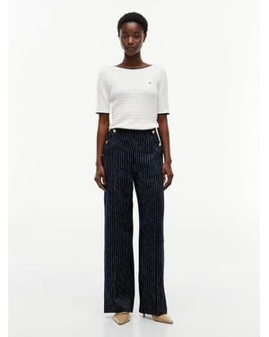 Tommy Hilfiger Pinstripe-Tone Button Wide Leg Trousers With Linen - White