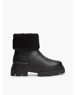 Tommy Hilfiger Shearling Fold Collar Leather Chunky Ankle Boots - Black