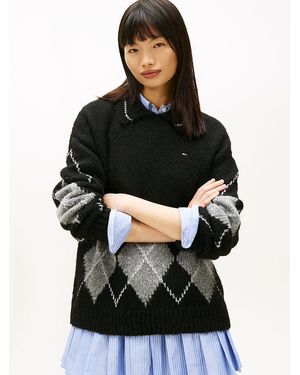 Tommy Hilfiger Argyle Oversized Polo Jumper With Alpaca - Black