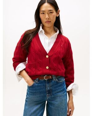 Tommy Hilfiger Cable V-neck Oversized Soft Wool Cardigan - Red