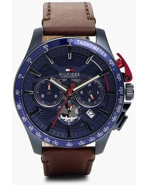 Tommy Hilfiger Chronographe À Cadran Bleu Et Bracelet En Cuir Marron