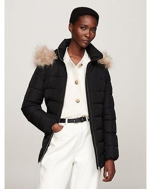 Tommy Hilfiger Donsjack Met Imitatiebont Op De Capuchon - Zwart