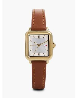 Tommy Hilfiger Rectangular Dial Leather Strap Plated Watch - White
