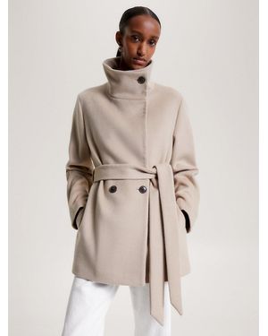 Tommy Hilfiger Double-breasted Funnel Neck Belted Wool Jacket - Natural