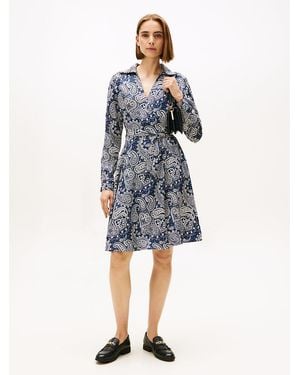 Tommy Hilfiger Robe Portefeuille Courte À Manches Longues - Bleu